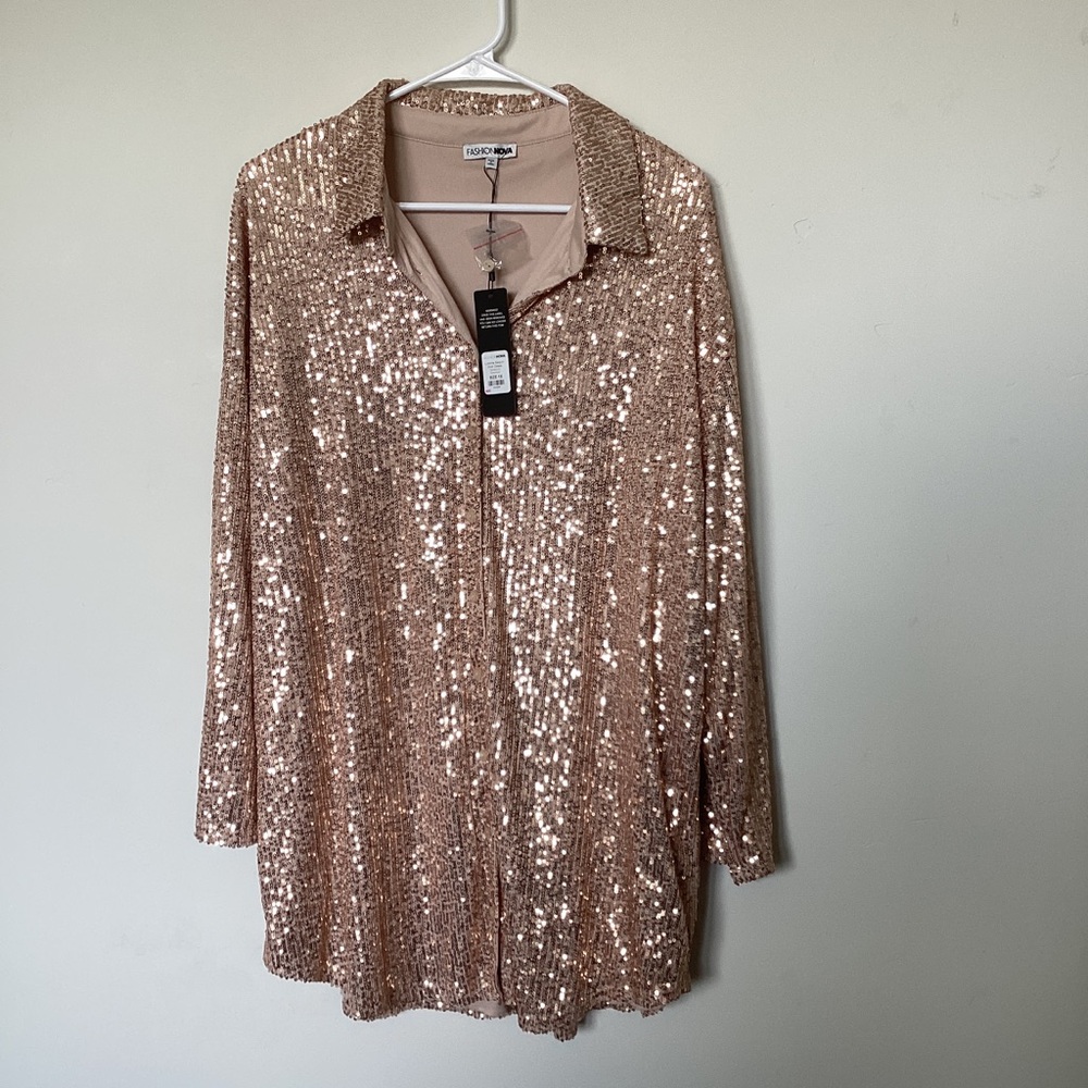 Fashion Nova Gold Sequin Button Down Rose Gold Dress NWT